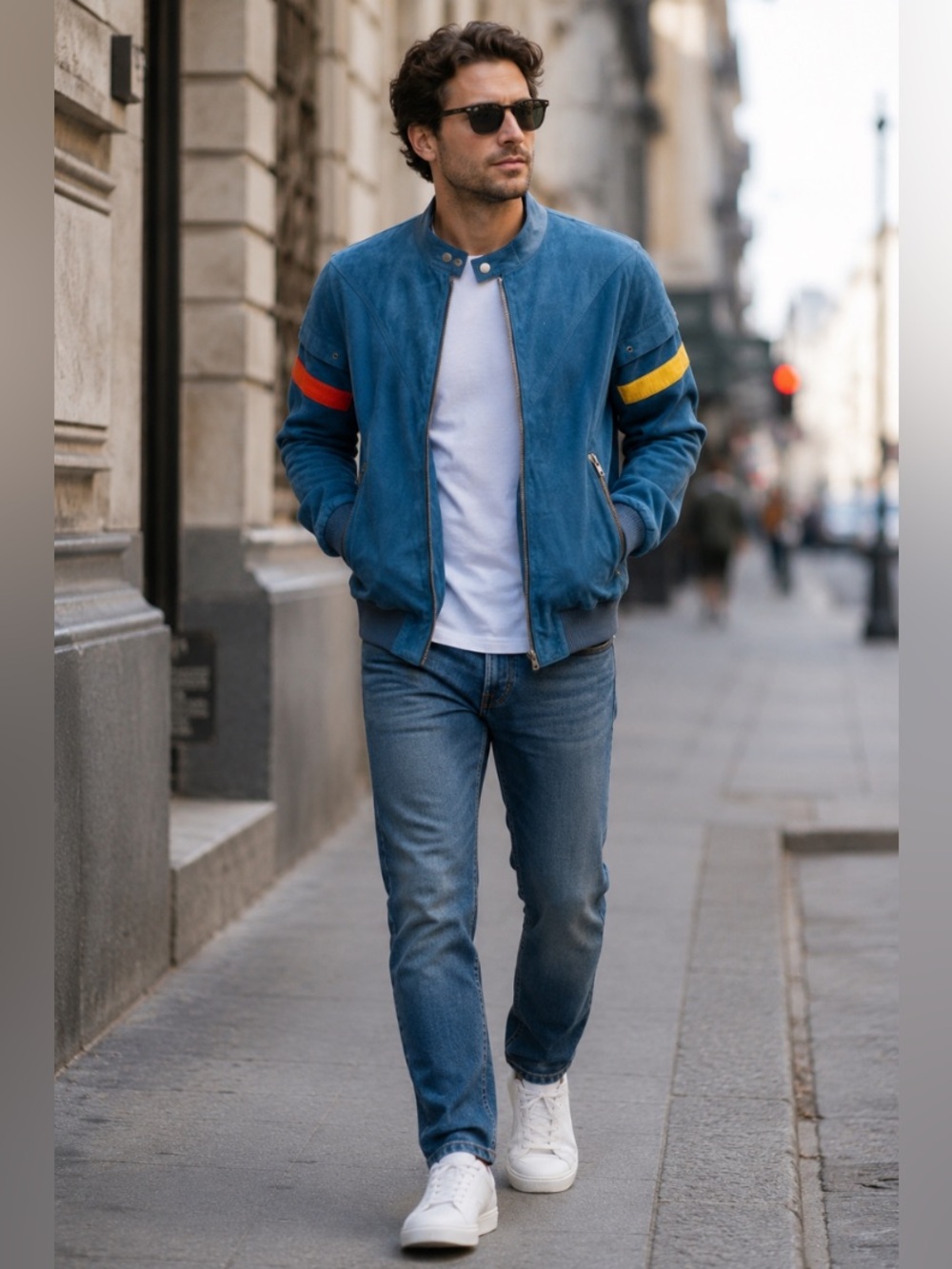 CLAUDE MONTANA Blue Suede Bomber Jacket with Red and Yellow Accents